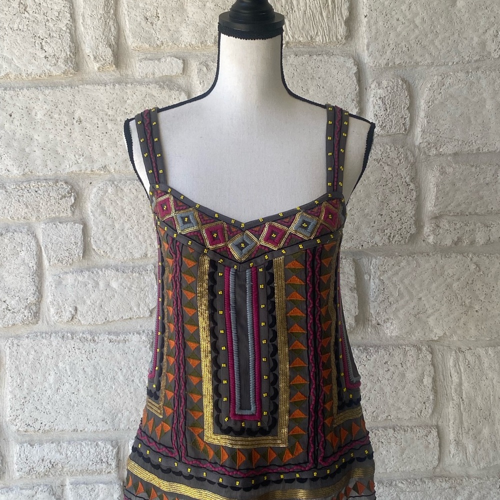 Meadow Rue Grey Orange Gold Embroidered Graphic Sleeveless Top Sz Small